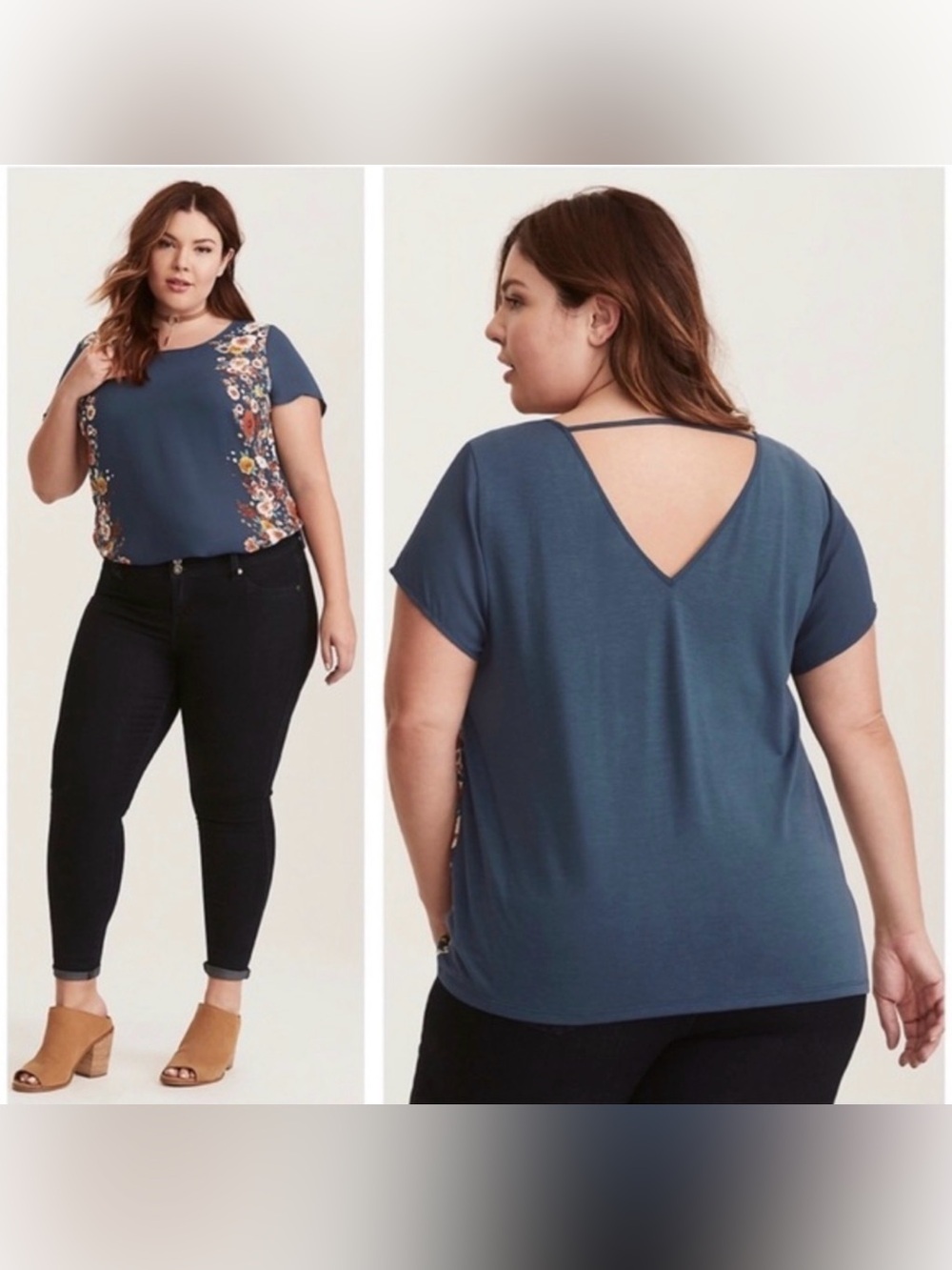 Torrid Dark Teal Floral Print Knit to Woven Relaxed Fit Top Shirt Size 00 10 M L